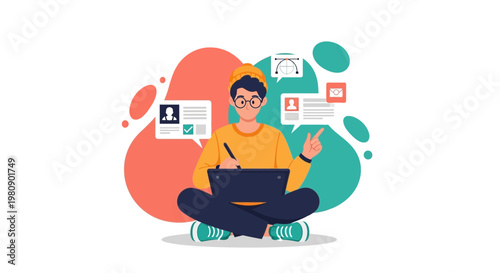 Graphic designer working on laptop with digital art icons and chat bubbles