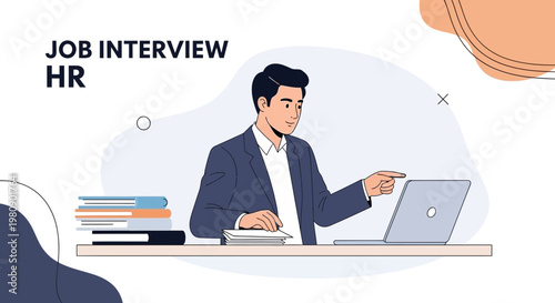 HR Manager Conducting Job Interview Online with Laptop and Books