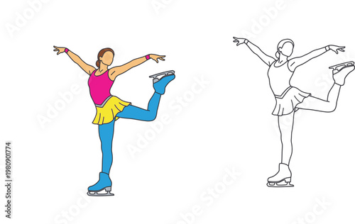  Female Figure Skater Vector Illustration Set, Ice Skating Pose in Color and Line Art, Athlete Girl in Skates for Sports Graphic Design and Coloring Pages, Minimalist Flat Style Silhouette