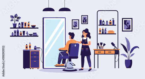 Interior view of a stylish barbershop where a professional female hairdresser is giving a haircut to a male customer in a modern salon.