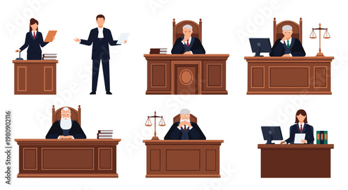 Legal system character set with judges and lawyers working at their desks in a courtroom setting during a trial or consultation.