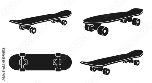 Four black and white illustrations of skateboards in various views