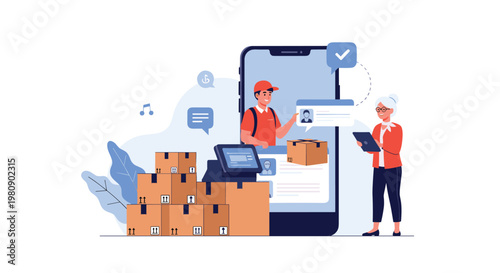 Modern delivery service concept showing an elderly woman using a tablet to track her packages through a mobile application on a phone.