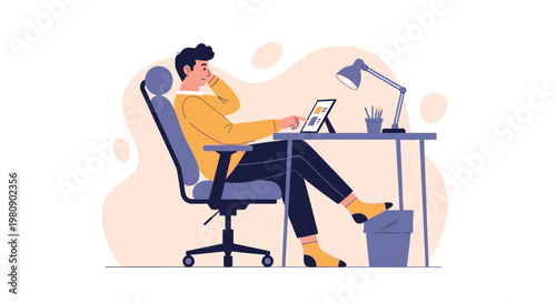 Man working on tablet at desk, remote work, home office, focused, modern illustration