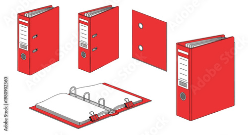 Set of red office ring binders shown from various perspectives including an open folder with documents and clips for organization.