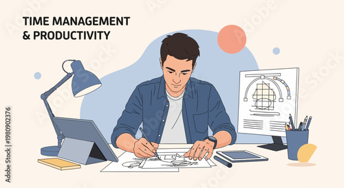 Man working on project, time management and productivity concept