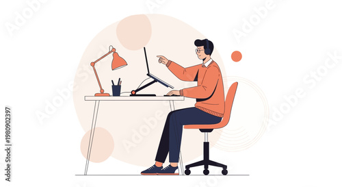 Man Working Remotely at Desk with Laptop, Headphones, and Lamp