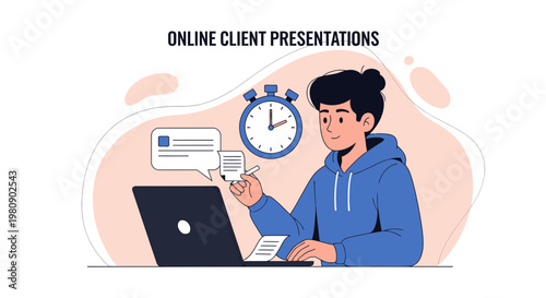 Online Client Presentation: Man Working on Laptop with Timer and Chat Bubbles