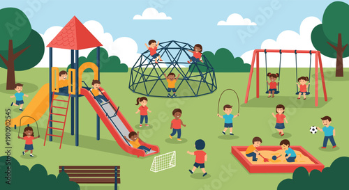 Lively scene at a children playground with kids enjoying various activities like sliding, swinging, climbing, and playing in a sandbox.