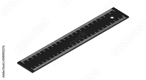 Isometric black measuring ruler icon with white centimeter and inch markings isolated on a white background for office and school use.