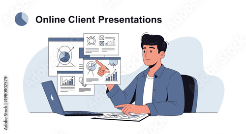 Online Client Presentations: Man Working Remotely with Charts and Graphs