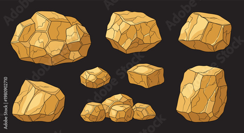 Collection of raw gold nuggets and precious ore stones of different shapes and sizes isolated on a dark background.