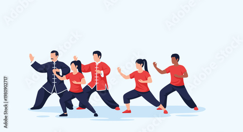 Diverse group of people in traditional uniforms practicing martial arts movements in a synchronized outdoor session.