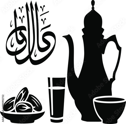 Dates and Arabic coffee pot depicted in a minimalist black and white graphic illustration representing traditional hospitality and cultural rituals during the holy month of Ramadan.