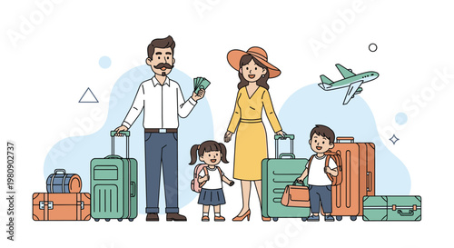 Happy family with parents and children standing with their suitcases and travel bags ready for a flight at the airport.