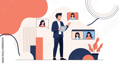 Online meeting with remote team, man presenting to colleagues via video conference