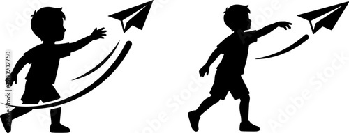 Black silhouettes of two children throwing paper airplanes against a plain white background area