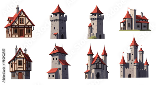 Variety of medieval architecture featuring timber-framed houses, stone watchtowers, and a grand gothic castle with red roofs.