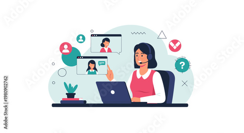 Online support agent with headset on video call, customer service, remote work