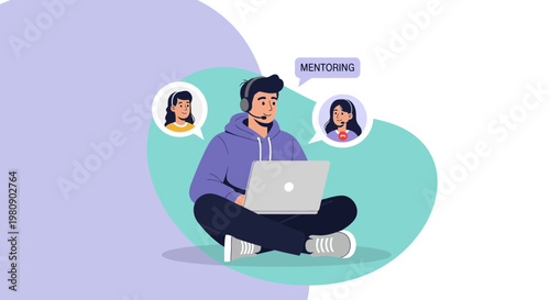 Online Mentoring Session: Young man with laptop connects with remote students via video call