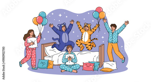 Group of cheerful children jumping on a bed and playing with balloons during a fun slumber party in animal pajamas.