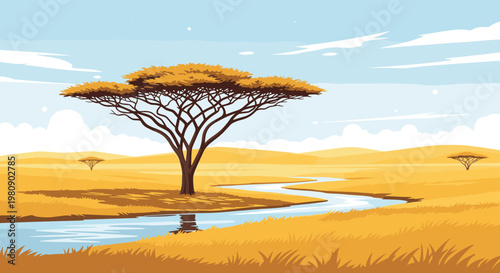 Beautiful African savanna landscape at sunset featuring a wide acacia tree beside a winding river under a clear blue sky.