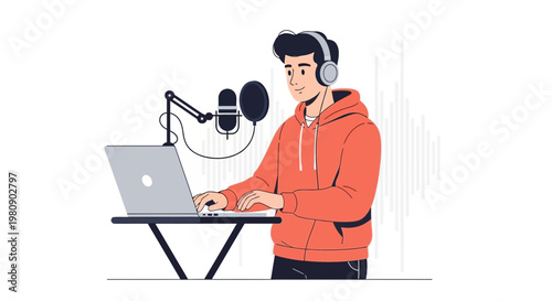 Podcaster with Headphones and Microphone Recording Audio on Laptop