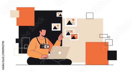 Photographer editing photos on laptop, surrounded by abstract shapes and images