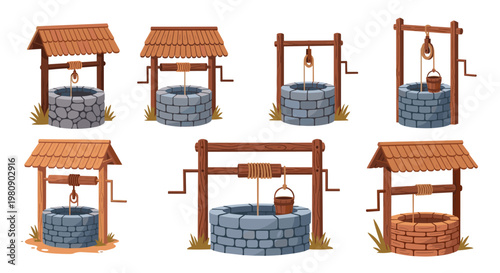 Collection of rustic water wells made of stone and wood with pulley systems, buckets, and protective roofs isolated on white.