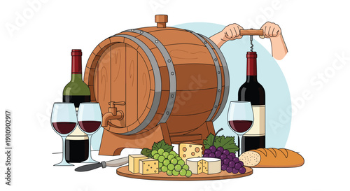 Still life composition featuring a wooden wine barrel with bottles, glasses, fresh grapes, assorted cheeses, and a baguette.