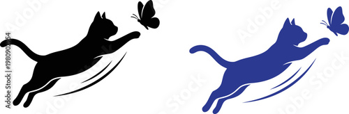 Two cat silhouettes jumping towards butterflies in a minimalist graphic design style illustration
