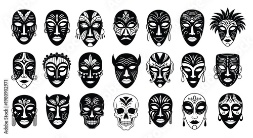 Extensive collection of black and white tribal masks with intricate patterns and feathers representing different cultures and traditions.