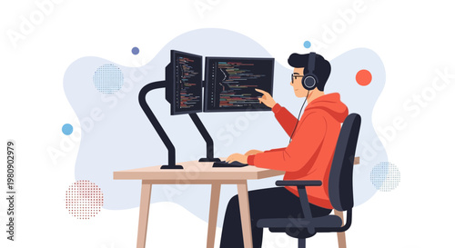 Programmer working on dual monitors with headphones, coding at desk