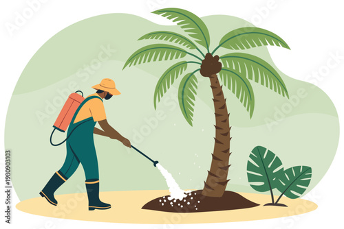 Fertilizing Palm Trees Scene Vector Illustration