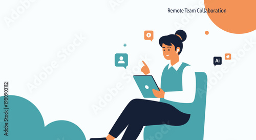 Remote Team Collaboration: Woman Working Remotely with Tablet and Communication Icons
