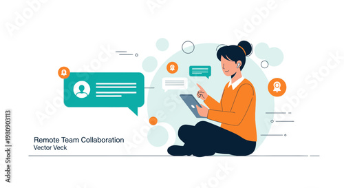 Remote Team Collaboration: Woman Using Tablet for Online Communication and Chat