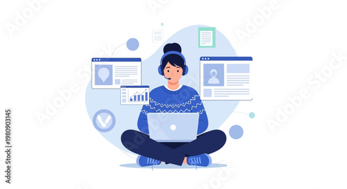 Remote work concept, person with headset using laptop, online communication, data analysis
