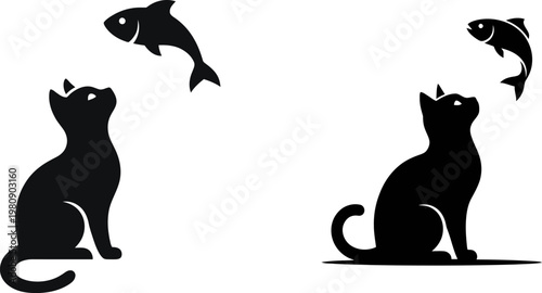 Two separate black cat silhouettes sitting and looking up at fish jumping in the air isolated