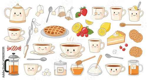 Charming collection of tea party elements including cute character teapots, cups, tea bags, cake slices, cookies, and fruit.