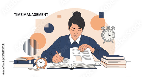 Student time management, studying with books and alarm clock, focused learning