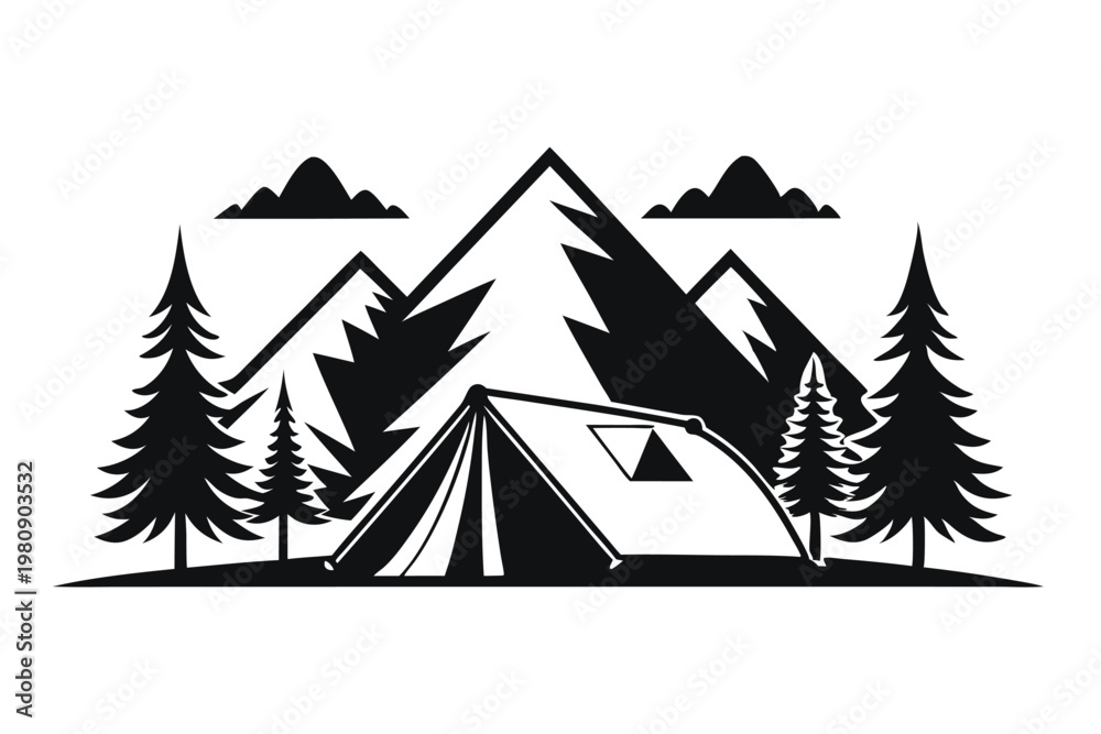 Obraz premium camping tent with mountain tree silhouette line art vector illustration