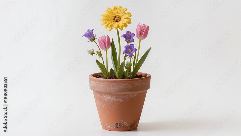 Obraz premium Terracotta pot with colorful flowers isolated on white background