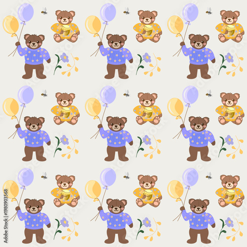 Cute vector pattern with teddy bears in blue and yellow sweaters holding balloons