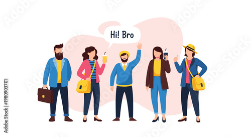 Group of stylish diverse young people standing together, drinking coffee and talking, with one waving and saying Hi Bro.