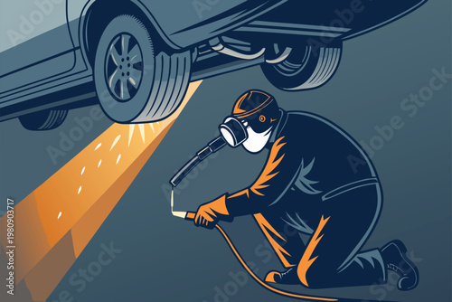 Εκτύπωση καμβά Fixing Exhaust Pipe Scene Vector Illustration of