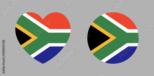South Africa heart, round flag button, sticker. Circular, heart flag symbols, icon, badge. Flag of South Africa heart banner, background. National sign in heart, circle shape.
