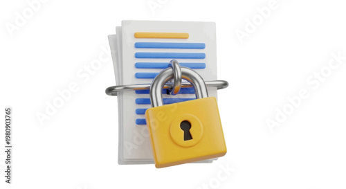 Vector illustration of 3d illustration of a stack of documents secured with a yellow padlock on a transparent background
