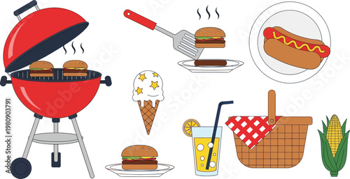 Summer barbecue party elements including grill with burgers hot dog ice cream and refreshing drink picnic set vector.
