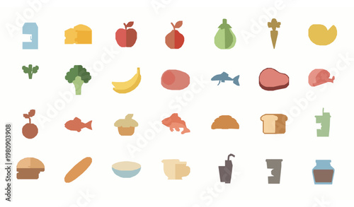Flat food icons set groceries nutrition bundle with fruits vegetables meat dairy and bakery vector collection