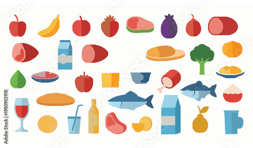 Colorful food icon bundle groceries nutrition set with fruits vegetables meat seafood and drinks vector